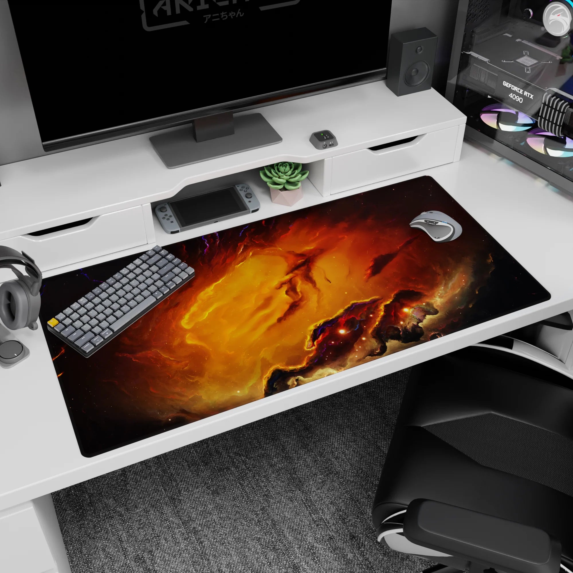 Starlight-in-a-storm nebula scene desk pad 40x20 inches with crackling cosmic clouds and mystery.