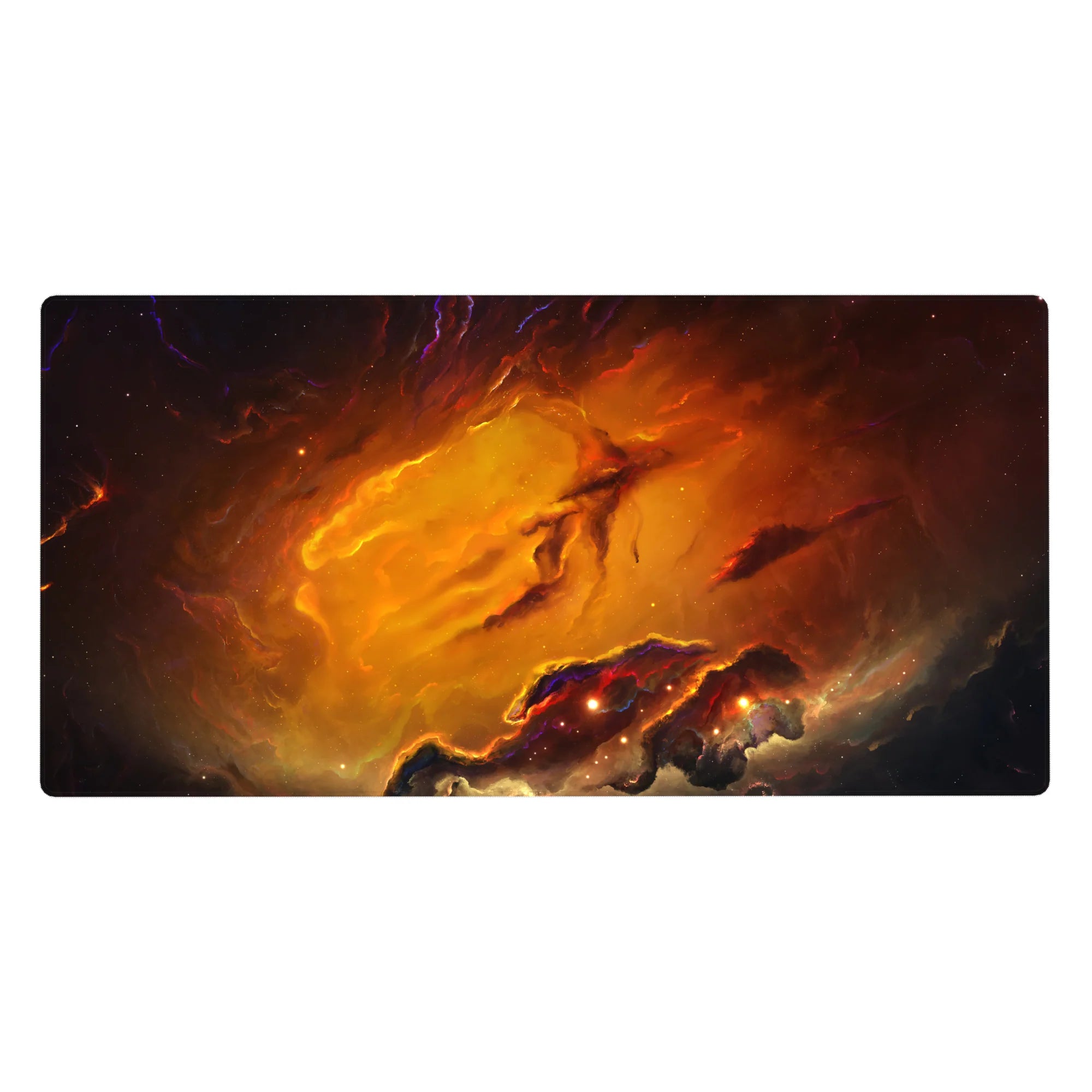 Galaxy swirl desk pad 40x20 inches with cloudy nebula gradient from bright center to dark edges.