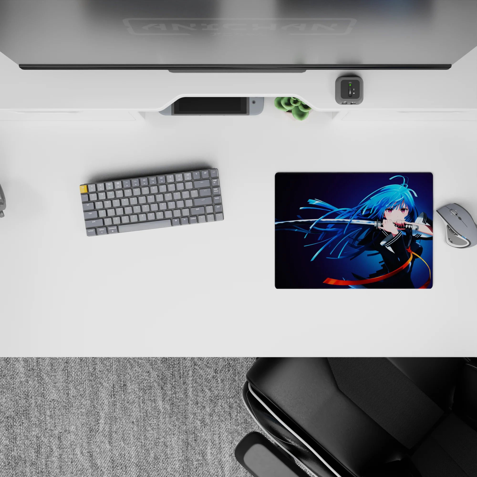 Midnight-to-neon blue anime girl mouse pad 14x10 inches with orange ribbon accents, dramatic clean vibe.