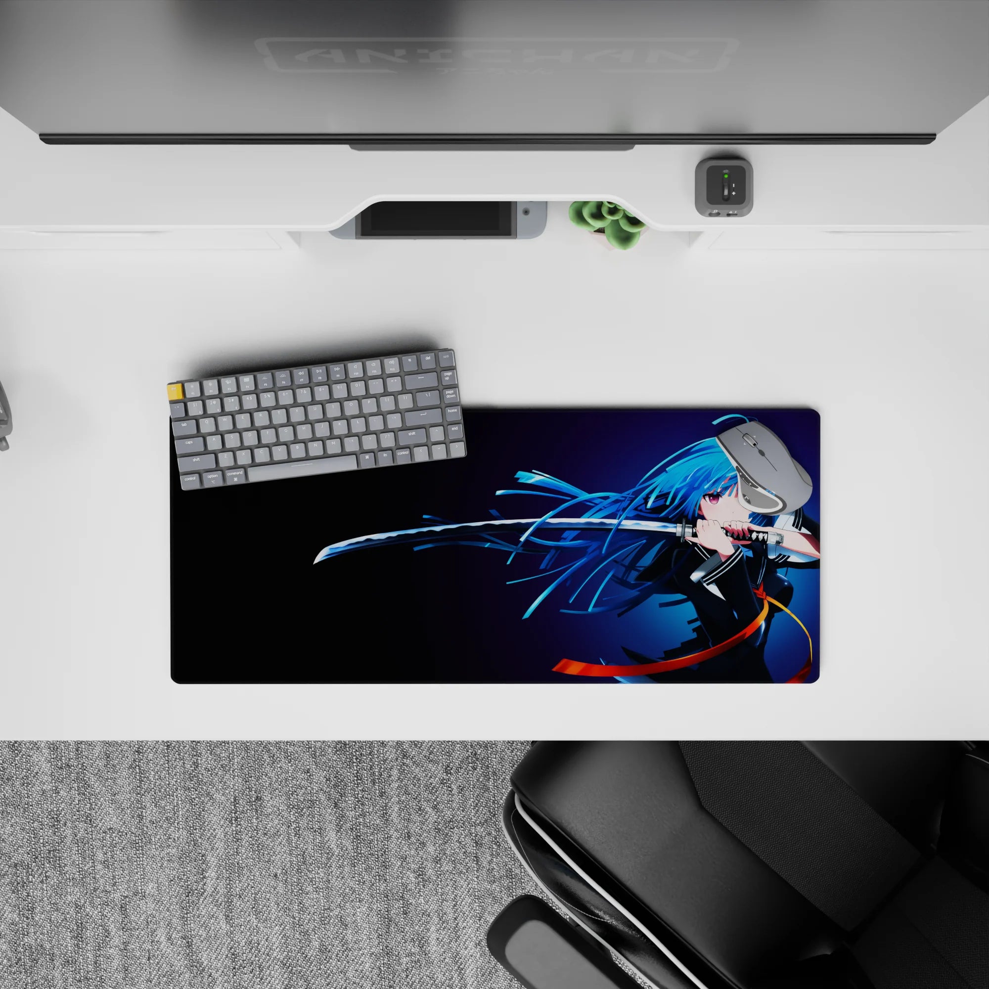 28x12 inches anime desk mat in midnight gradients and neon blues with orange ribbon accents, sleek moody feel.