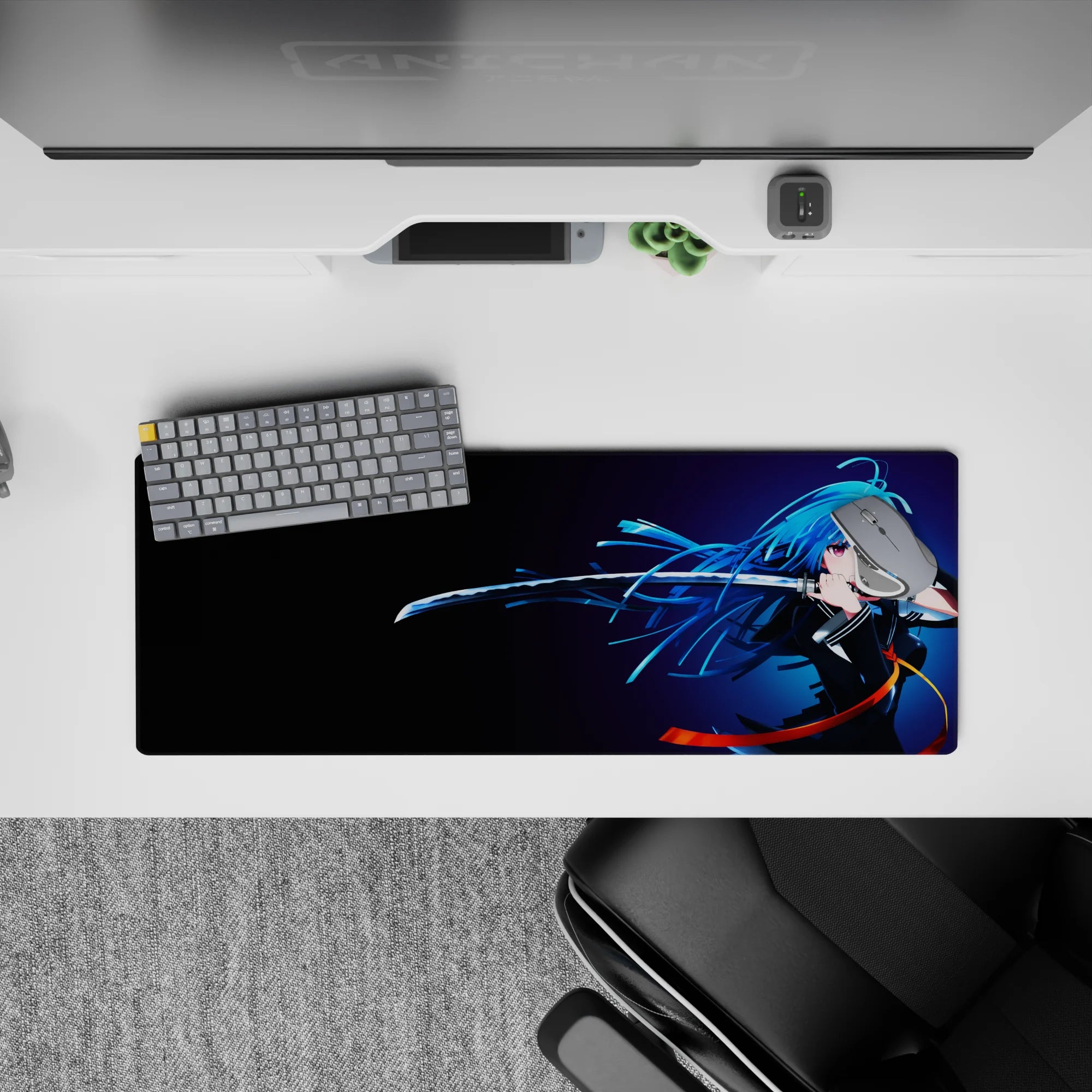32x12 inches anime desk mat in midnight gradients, neon blues, and orange ribbon accents for a moody vibe.