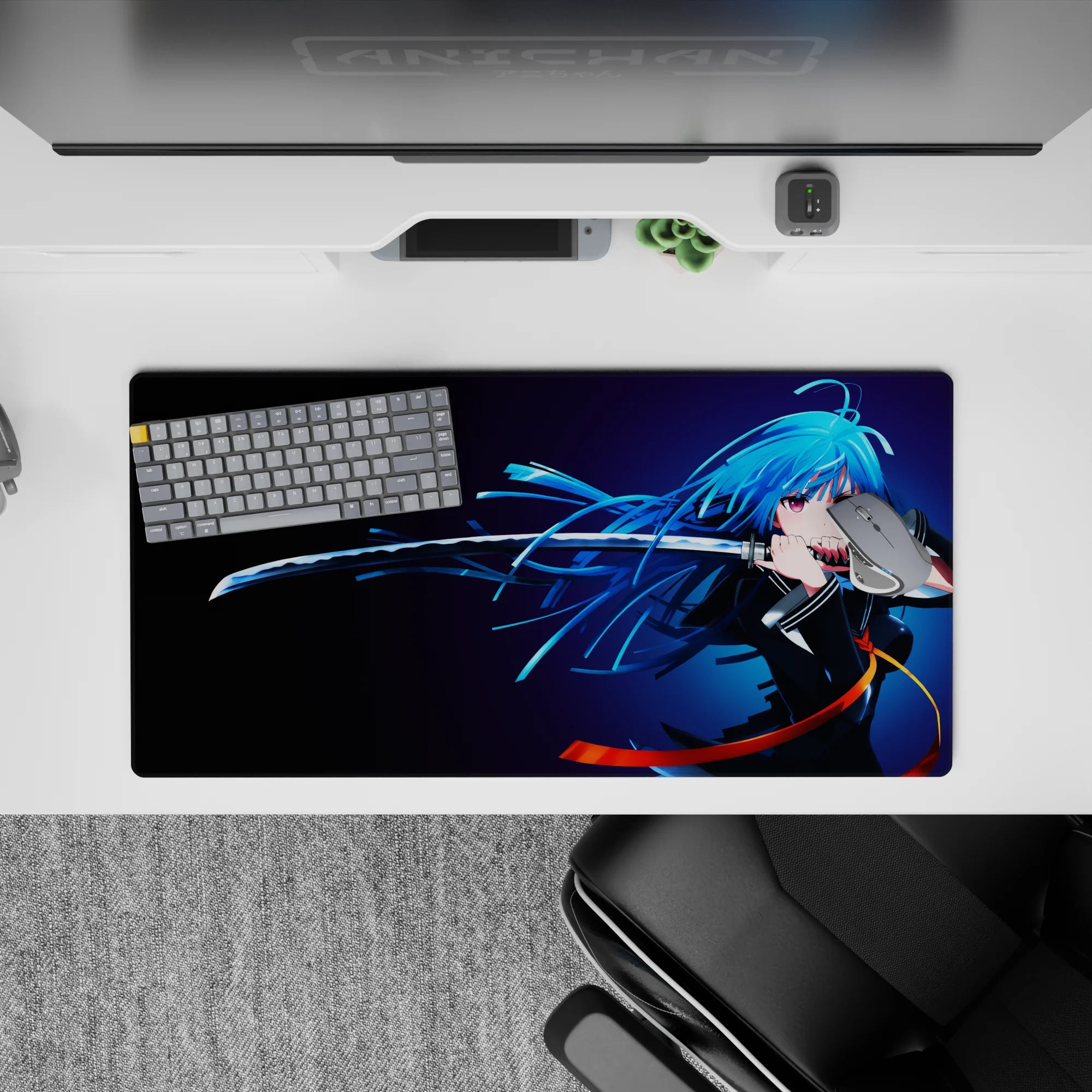 Neon blue and midnight gradient anime girl mouse pad 32x16 inches with orange ribbon accents, dramatic feel.