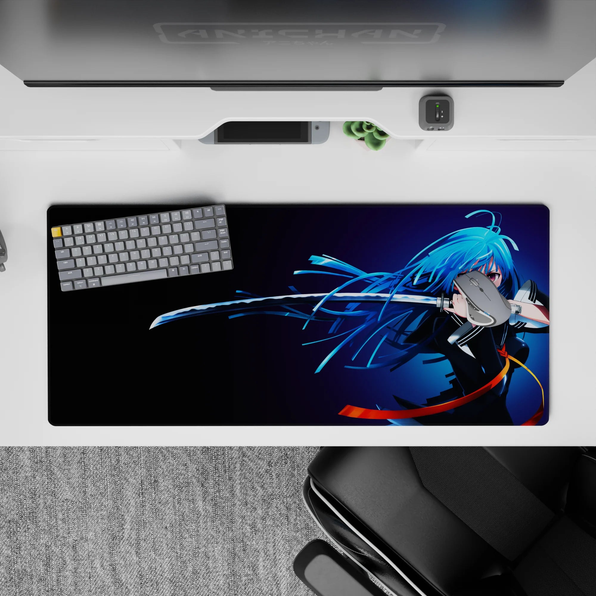 Midnight-to-neon blue anime desk pad 36x16 inches with orange ribbon accents for a sleek late-night vibe.