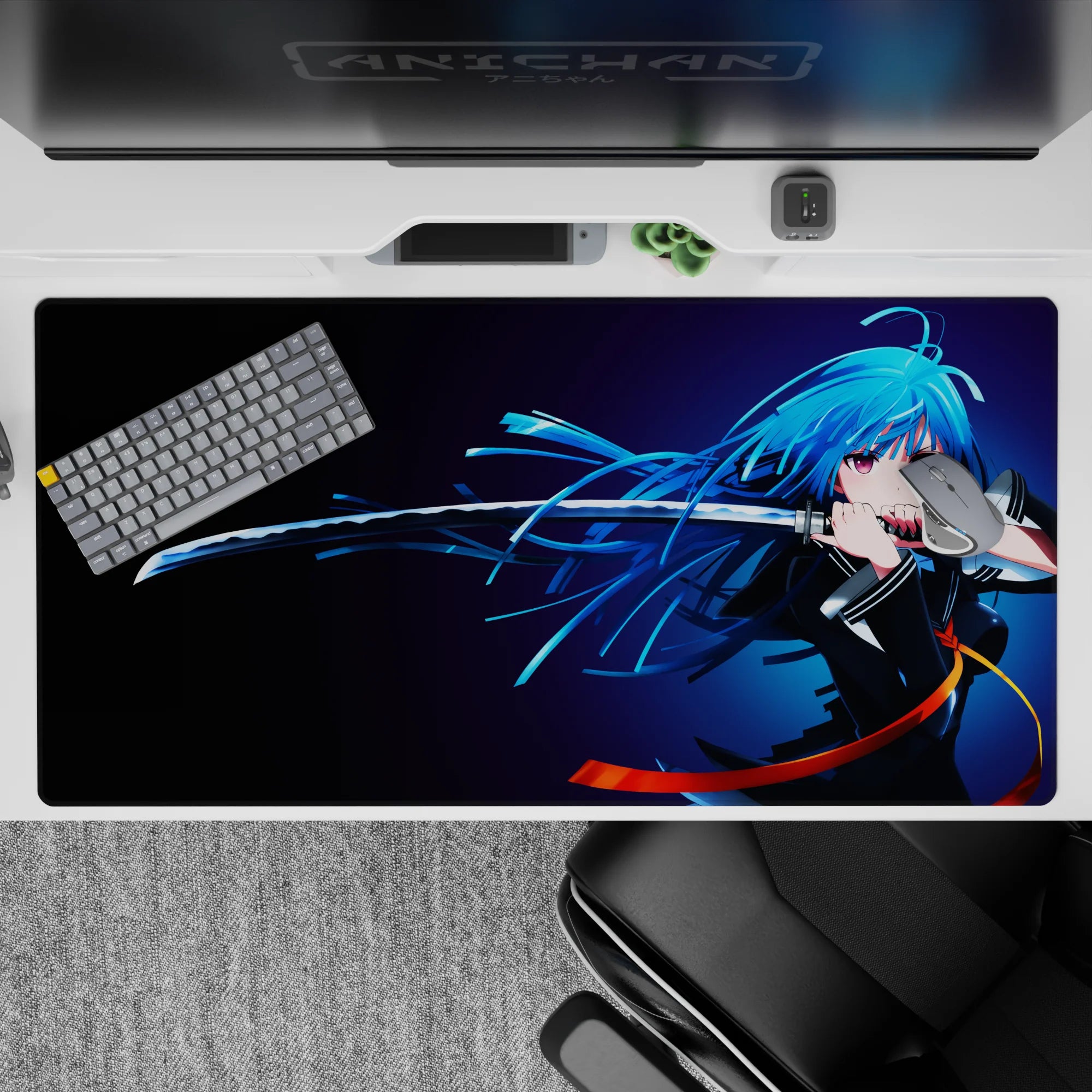 Neon blue and midnight gradient anime desk pad 40x20 inches with orange ribbon accents, moody vibe.