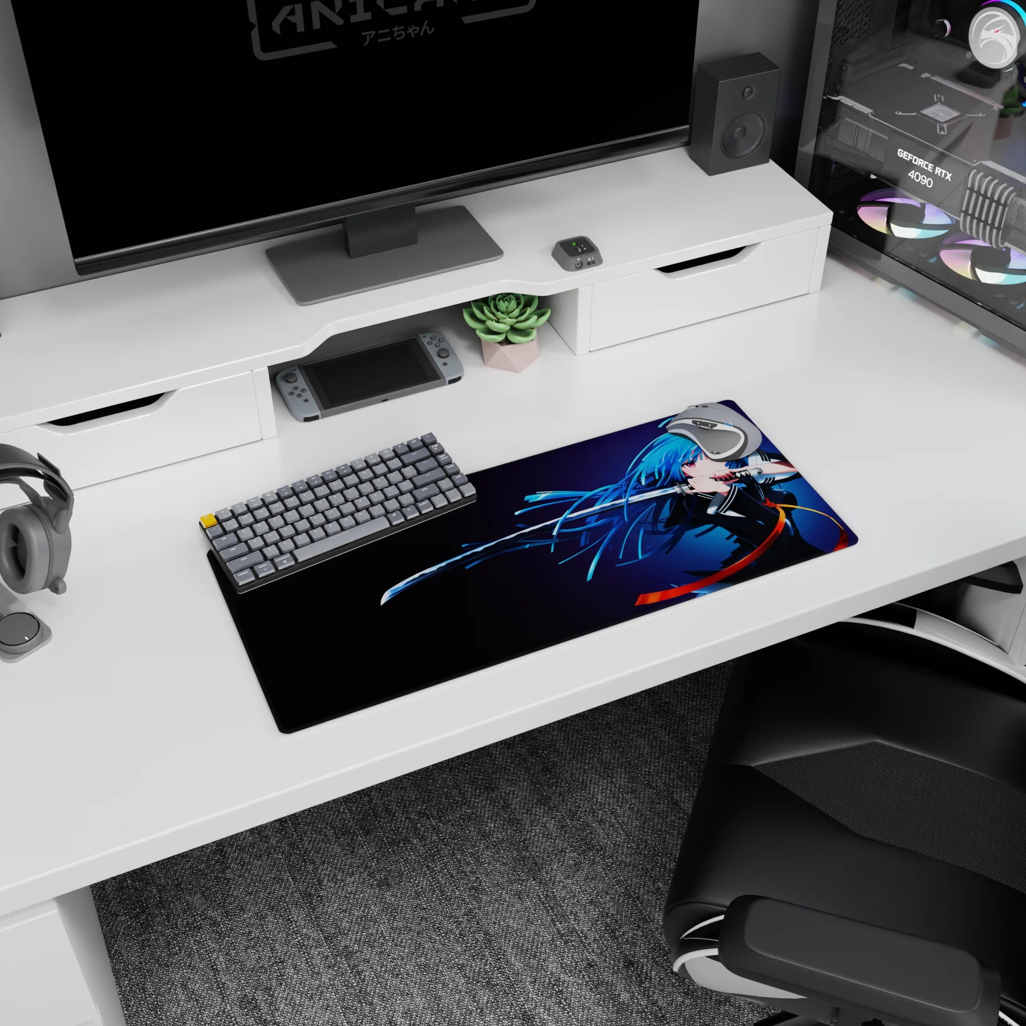 28x12 inches mouse pad showing a blue-haired swordswoman with a sharp katana line, hair in motion, cute and fierce.