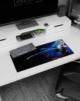 28x12 inches mouse pad showing a blue-haired swordswoman with a sharp katana line, hair in motion, cute and fierce.