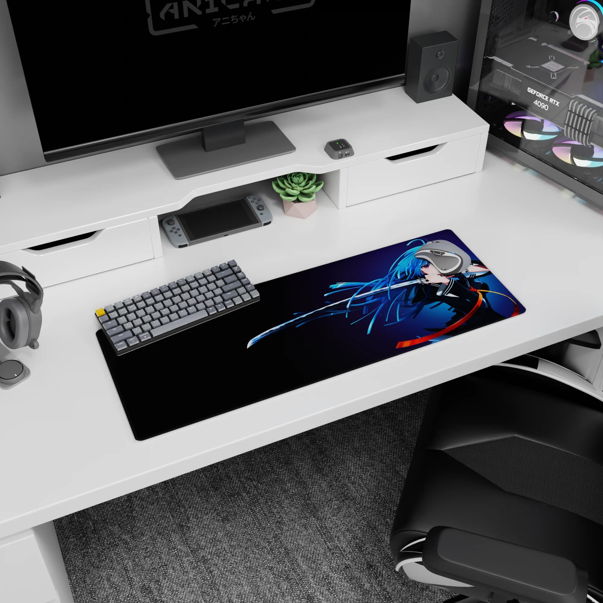 32x12 inches mouse pad showing a blue-haired swordswoman in motion, katana slash line with glowing accents.