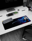 32x12 inches mouse pad showing a blue-haired swordswoman in motion, katana slash line with glowing accents.