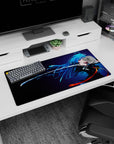Blue-haired swordswoman with katana on anime girl mouse pad 32x16 inches, flowing hair and sharp blade line.