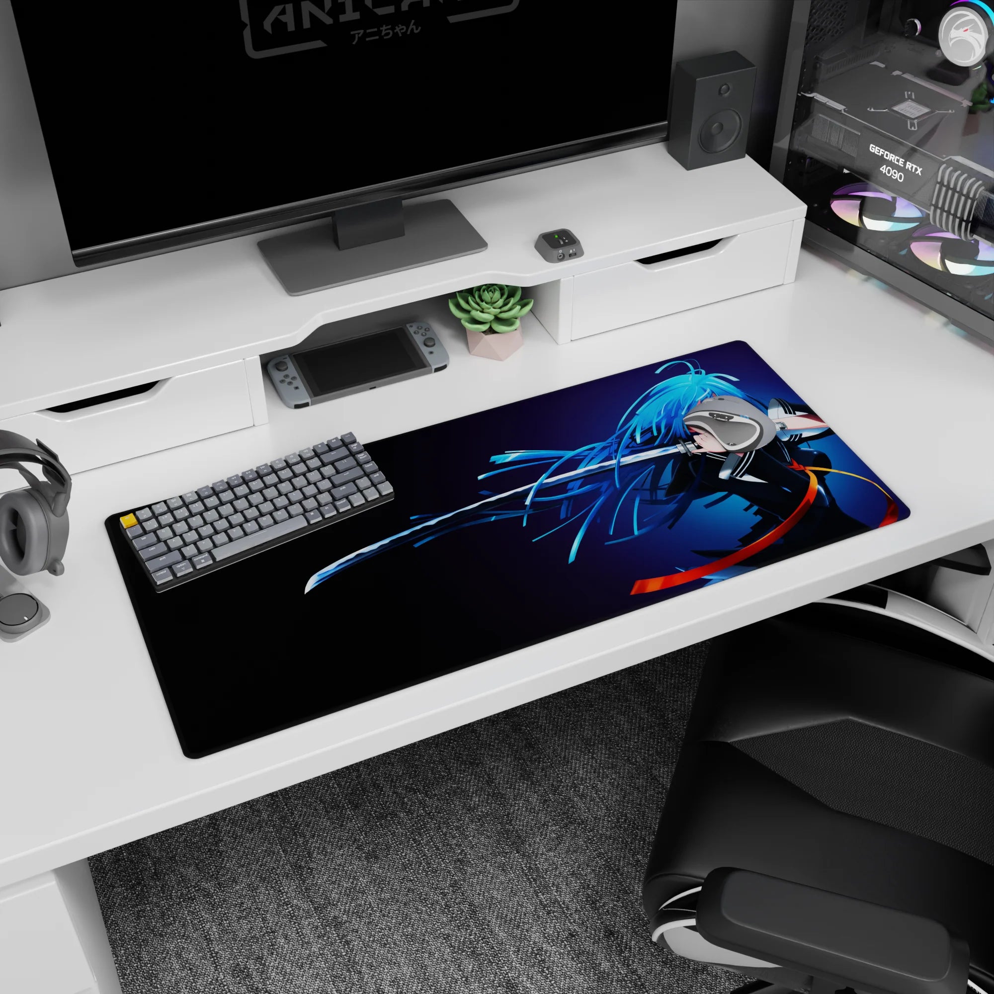 Blue-haired sword heroine in motion on anime girl desk pad 36x16 inches, blade line and wind-swept hair.