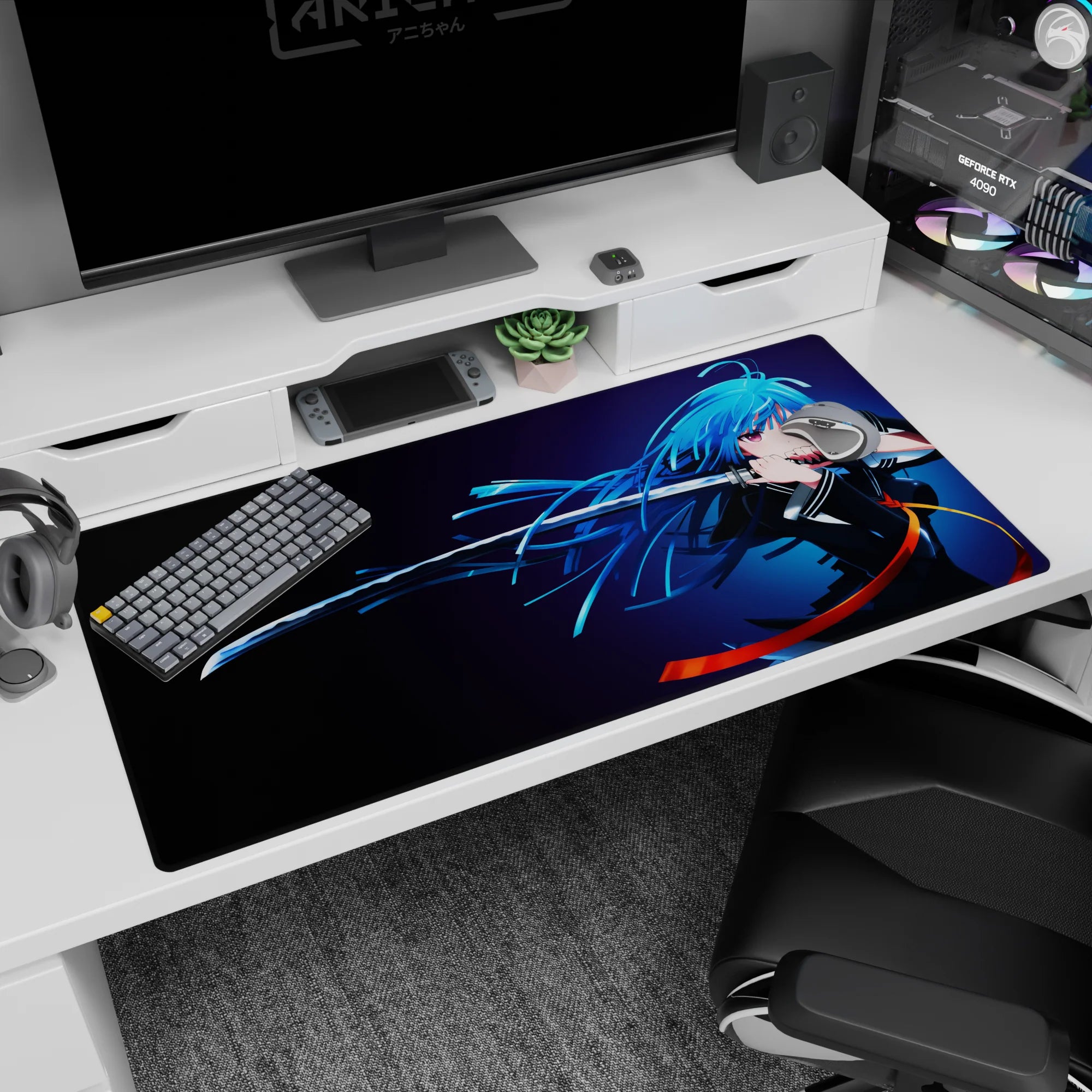 Blue-haired swordswoman anime girl desk pad 40x20 inches, katana drawn with motion lines and sparks.