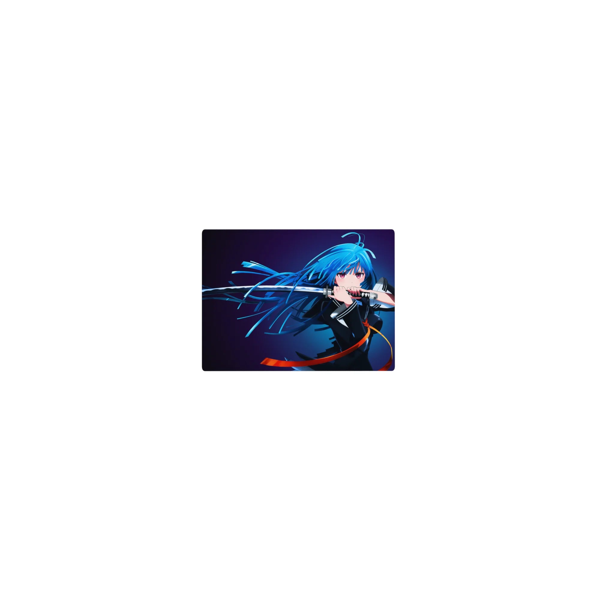 Classic anime girl mouse pad 14x10 inches with blue-haired katana heroine, flowing hair and sharp blade art.