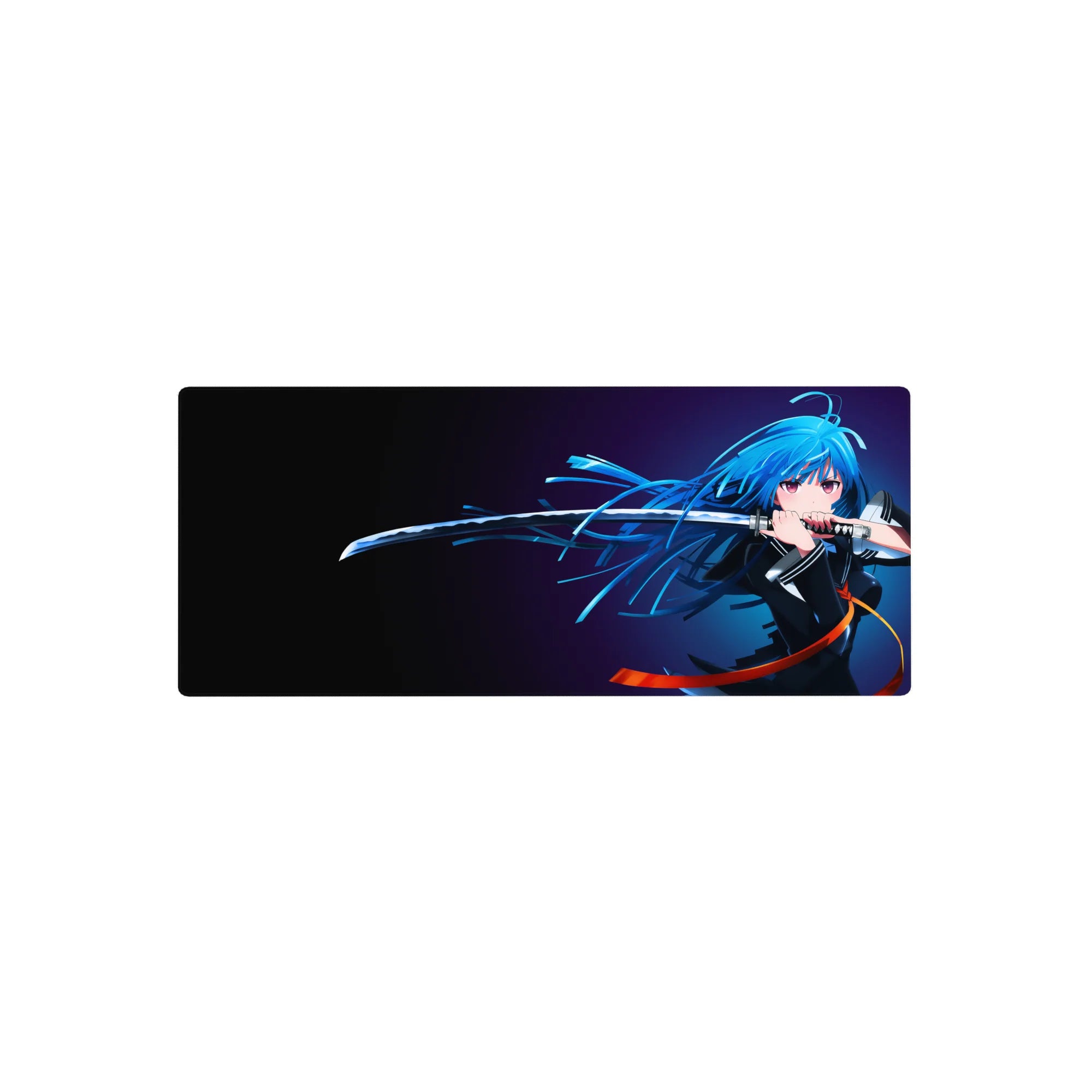 28x12 inches anime girl mouse pad with blue-haired katana heroine, flowing hair, dramatic clean desk mat.