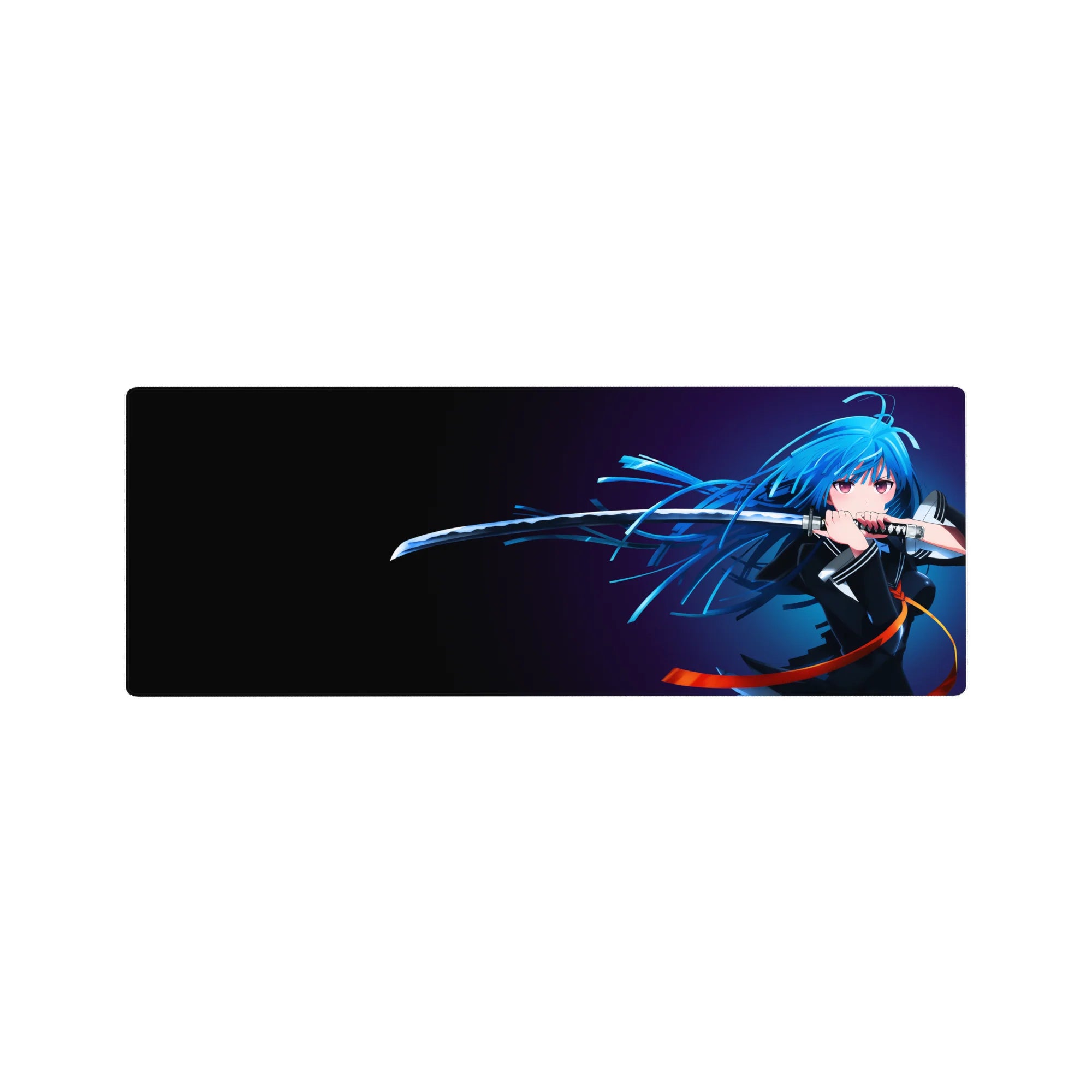 32x12 inches anime girl mouse pad with blue-haired katana heroine, flowing hair, and sleek dramatic layout.