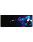 32x12 inches anime girl mouse pad with blue-haired katana heroine, flowing hair, and sleek dramatic layout.