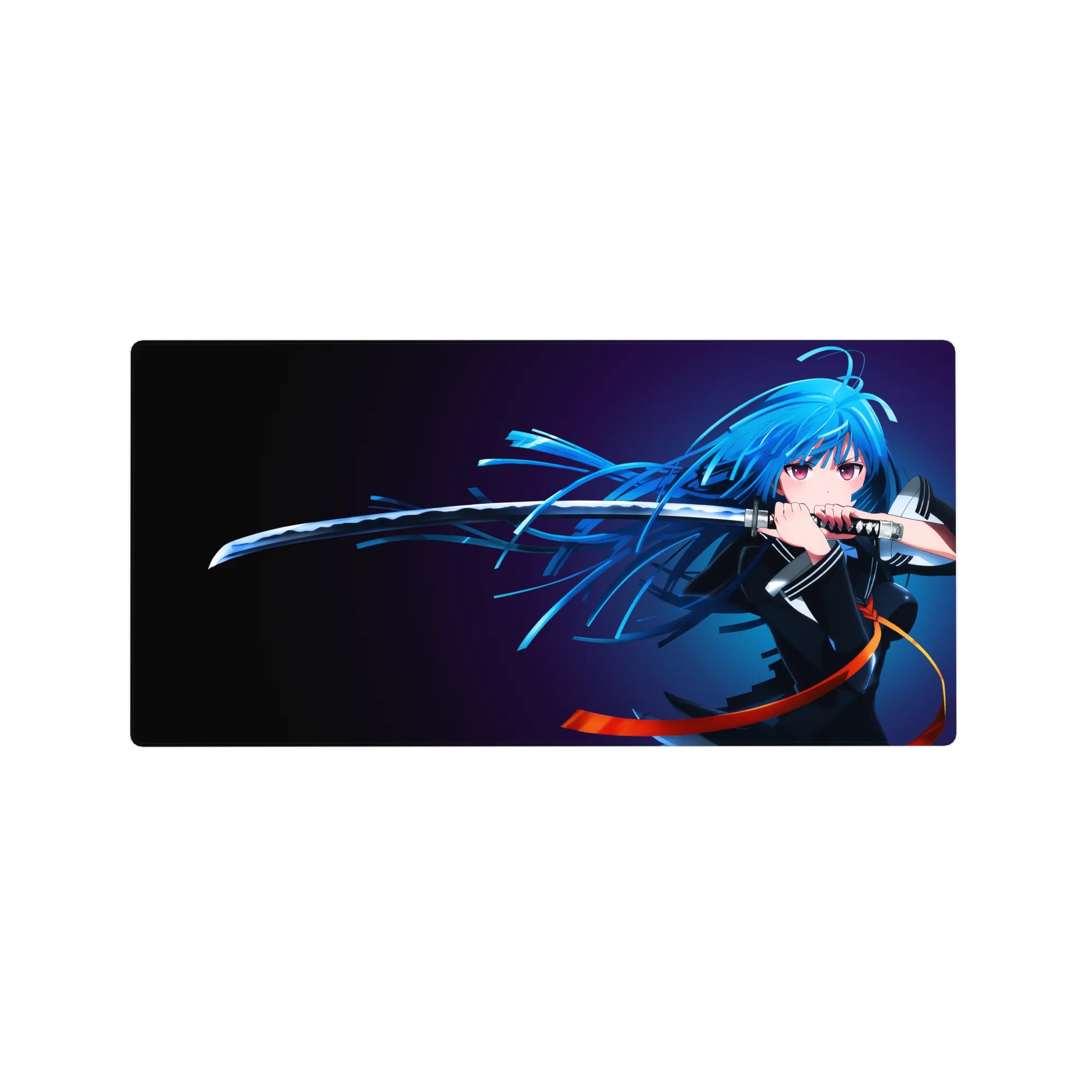 Anime girl mouse pad 32x16 inches with blue-haired katana heroine, dynamic hair and blade artwork.