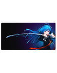 Anime girl mouse pad 32x16 inches with blue-haired katana heroine, dynamic hair and blade artwork.