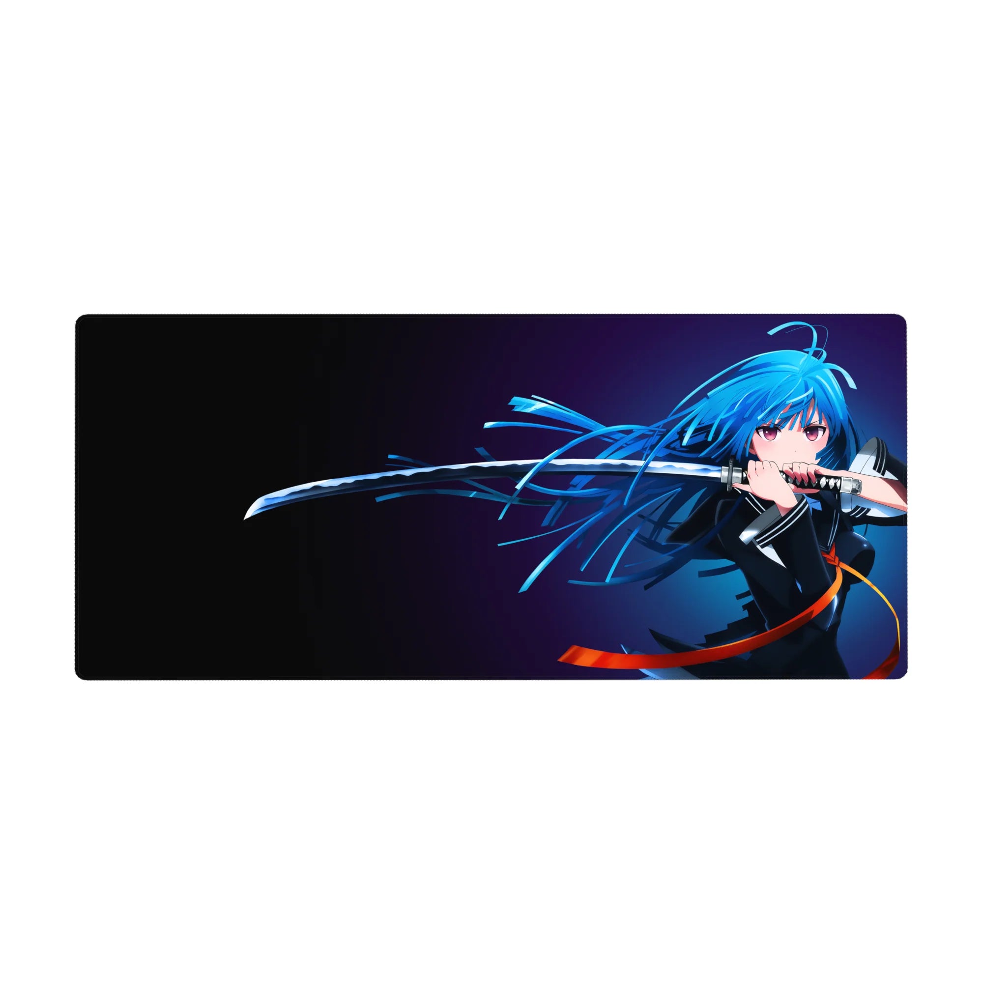 Anime girl desk pad 36x16 inches with blue-haired katana heroine and flowing hair, dramatic clean art.