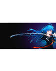 Anime girl desk pad 36x16 inches with blue-haired katana heroine and flowing hair, dramatic clean art.