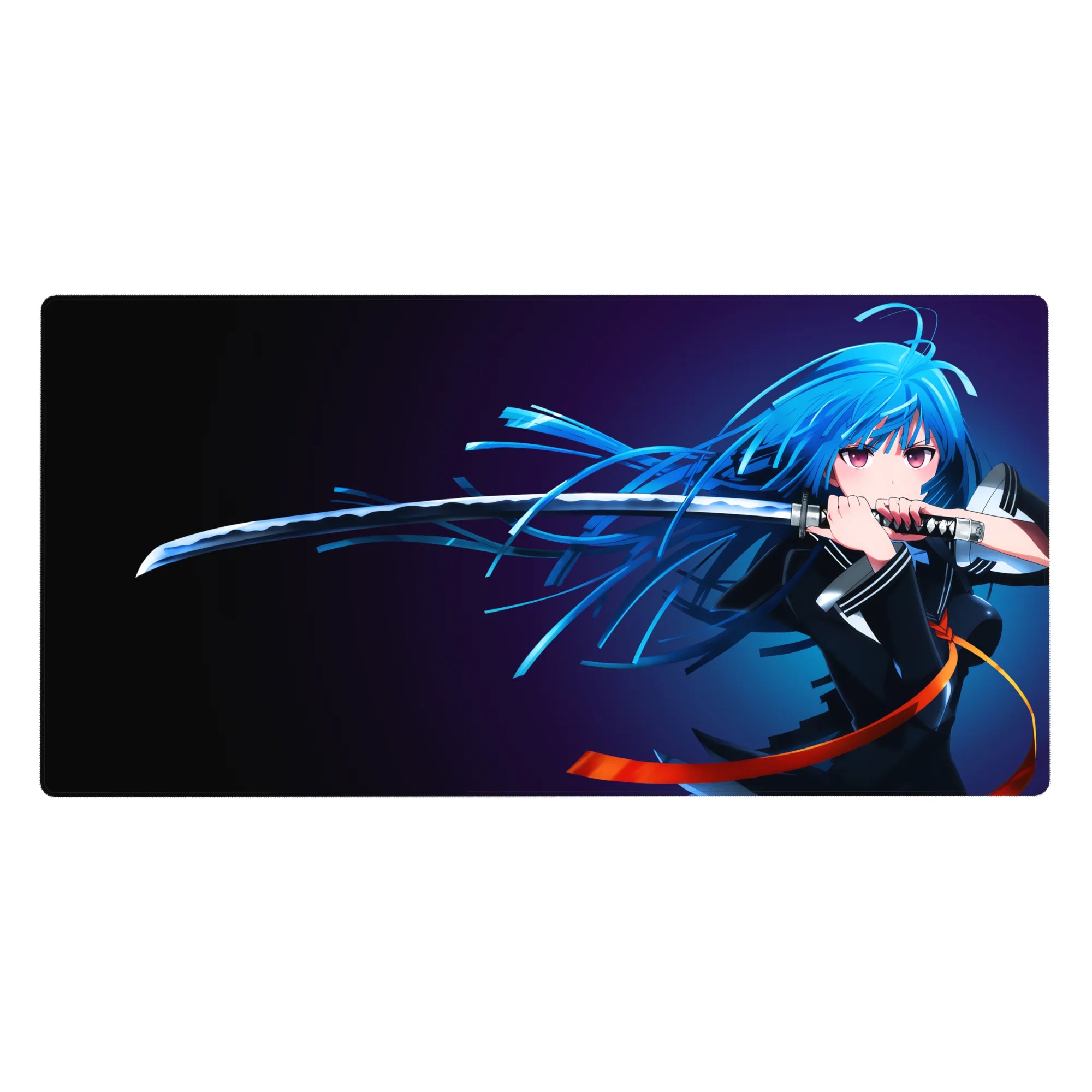 Anime girl desk pad 40x20 inches with blue-haired katana heroine, flowing hair, clean dramatic art.