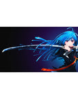 Anime girl desk pad 40x20 inches with blue-haired katana heroine, flowing hair, clean dramatic art.