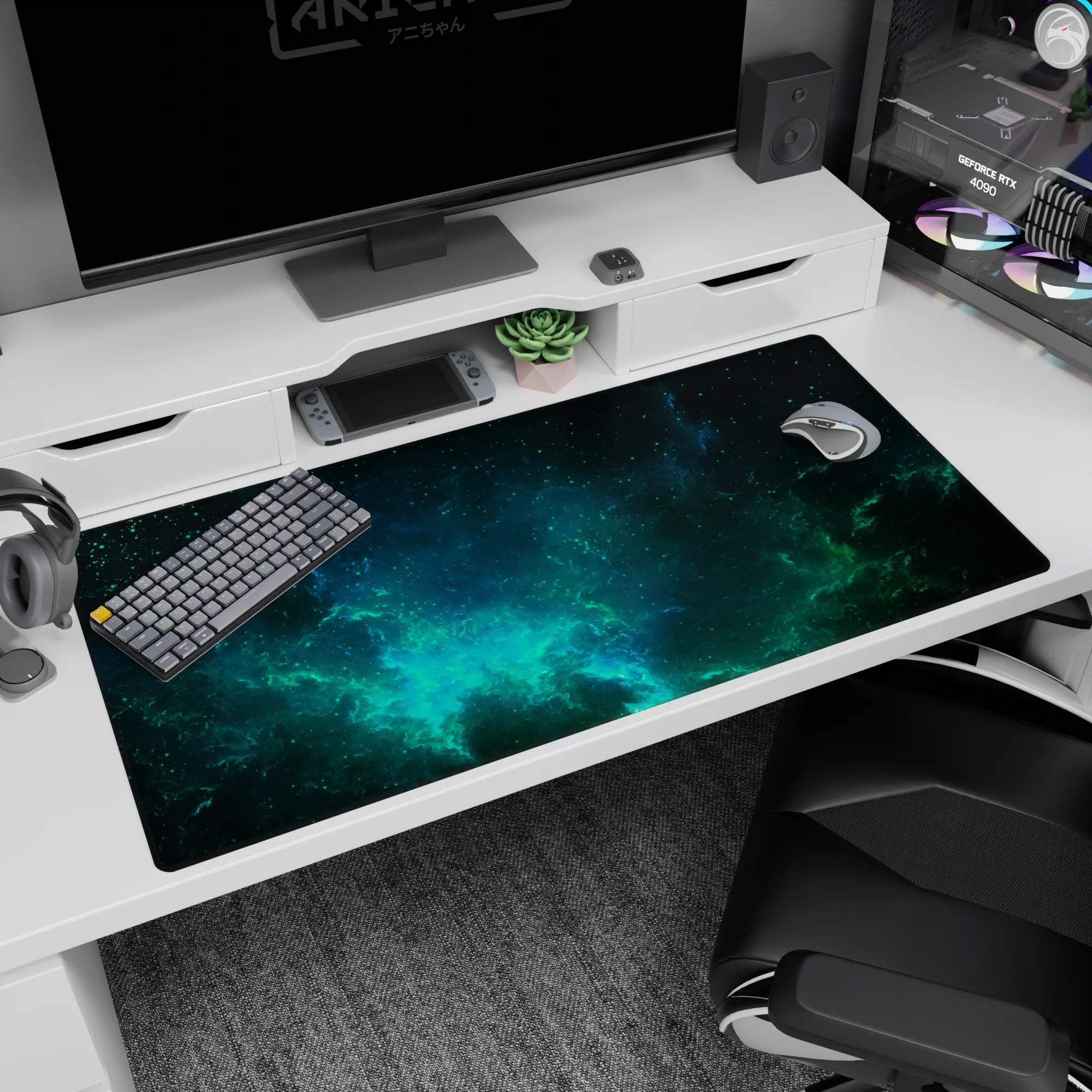 Starry teal mist and inky shadow clouds scene desk pad 40x20 inches, like touchable outer space.