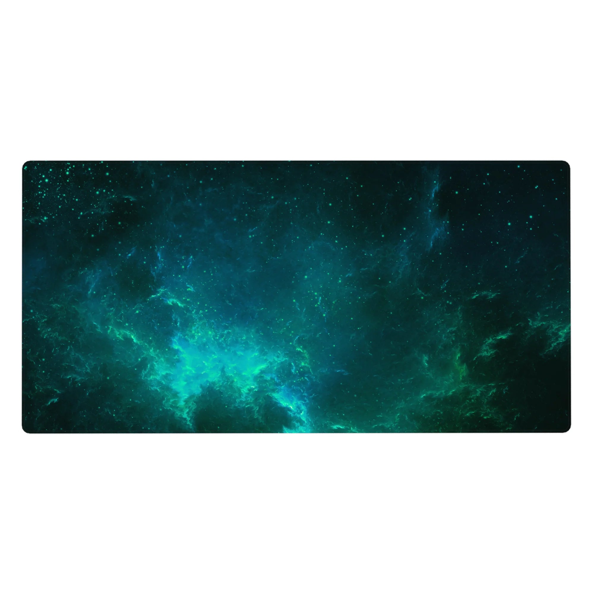 Midnight nebula desk pad 40x20 inches with star-speckled swirls and teal cloud mist design.