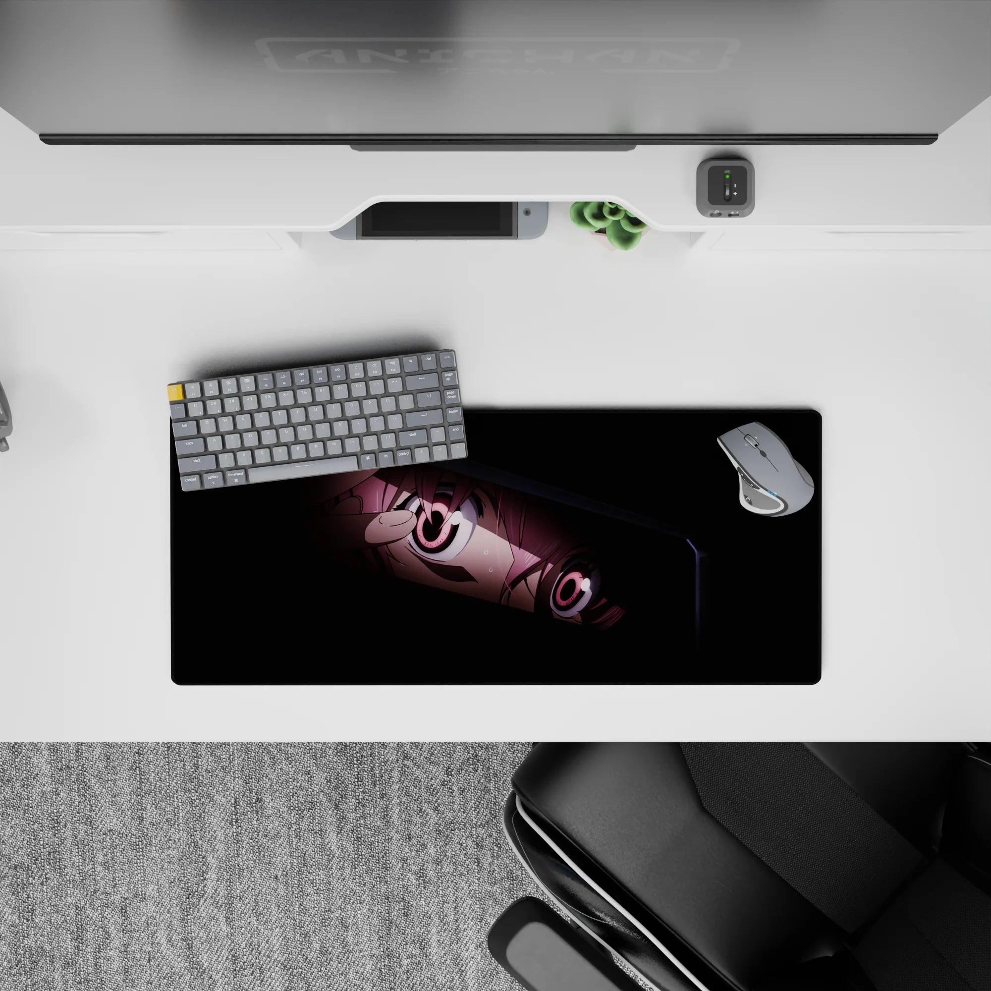 Moody anime desk mat 28x12 inches in deep blacks with rosy highlights and a shy, chaotic late-night vibe.