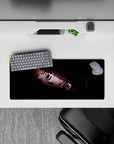 Moody anime desk mat 28x12 inches in deep blacks with rosy highlights and a shy, chaotic late-night vibe.