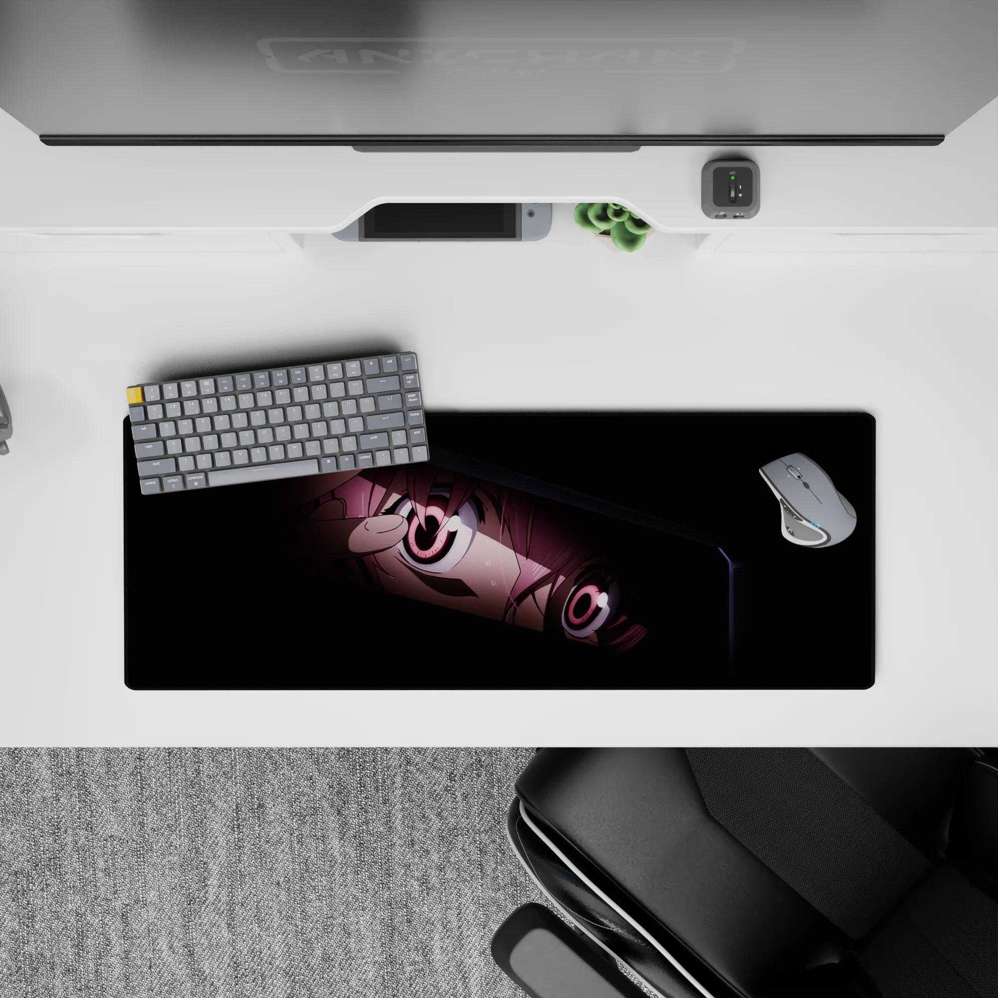 Moody anime girl mouse pad 32x12 inches in deep blacks with rosy highlights and a cute shy-chaos vibe.
