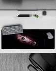 Moody anime girl mouse pad 32x12 inches in deep blacks with rosy highlights and a cute shy-chaos vibe.