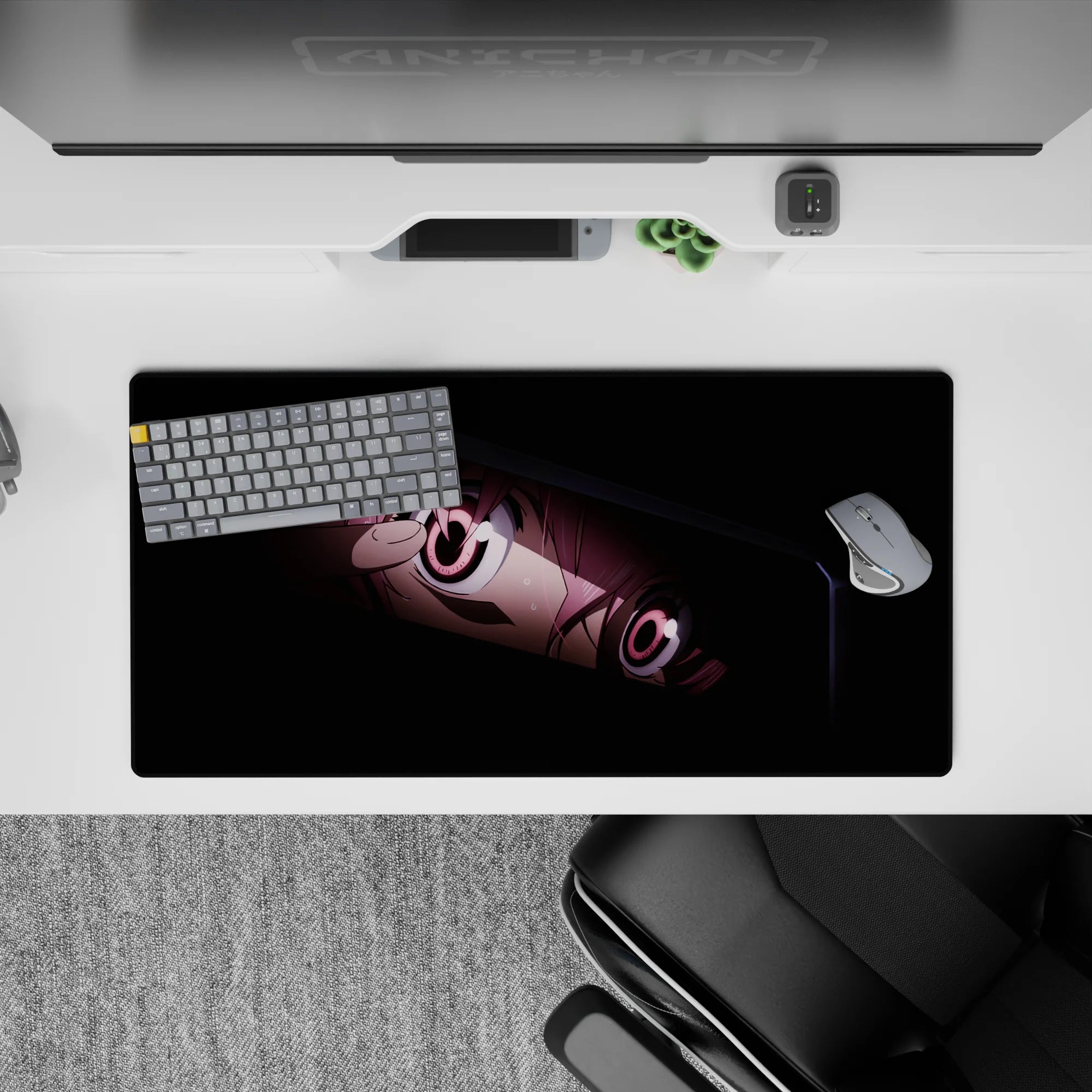 Moody black-and-rose anime girl mouse pad 32x16 inches, shy chaos vibe for late-night gaming.