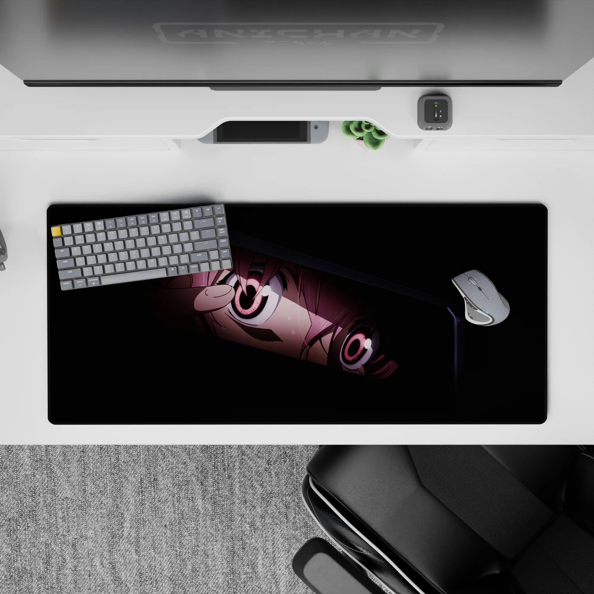 Moody black and rosy highlights anime desk pad 36x16 inches, shy chaos vibe for gaming and study.