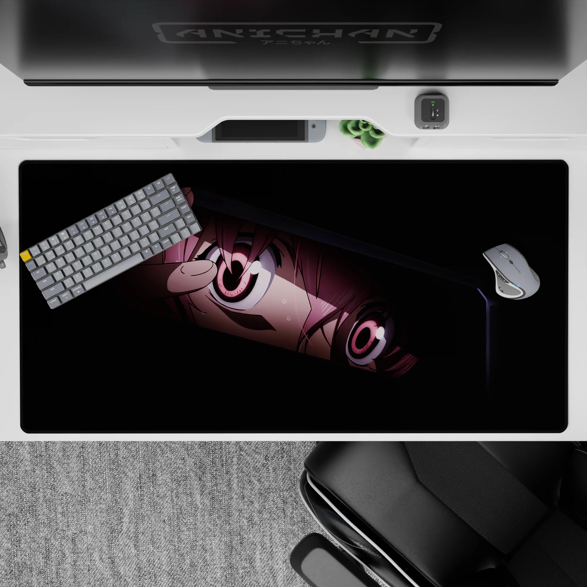 Dark moody anime desk pad 40x20 inches with deep blacks, rosy highlights, and candy pink eyes.