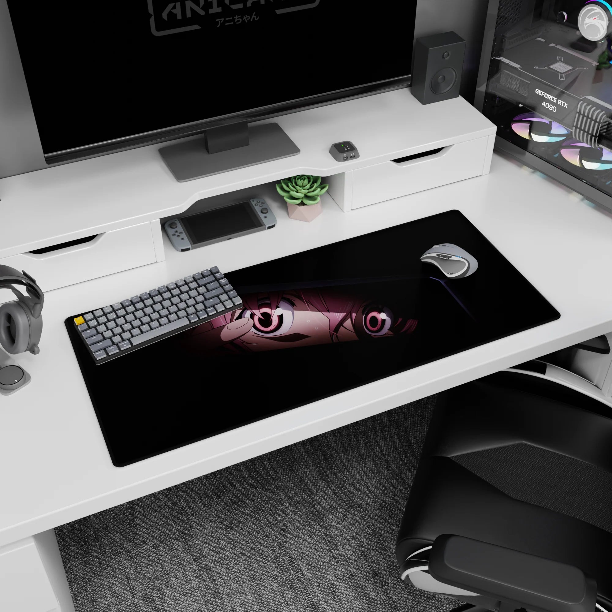Close-up anime girl peeking from the dark with candy pink eyes on a 36x16 inches extended desk pad.