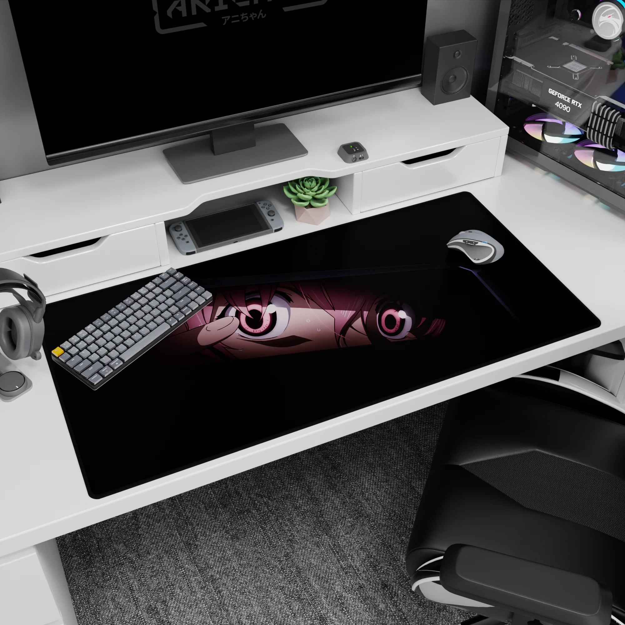 Shy mischievous anime girl peeking from the shadows on a 40x20 inches desk pad, gaze following you.