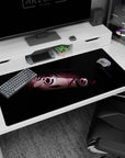 Shy mischievous anime girl peeking from the shadows on a 40x20 inches desk pad, gaze following you.