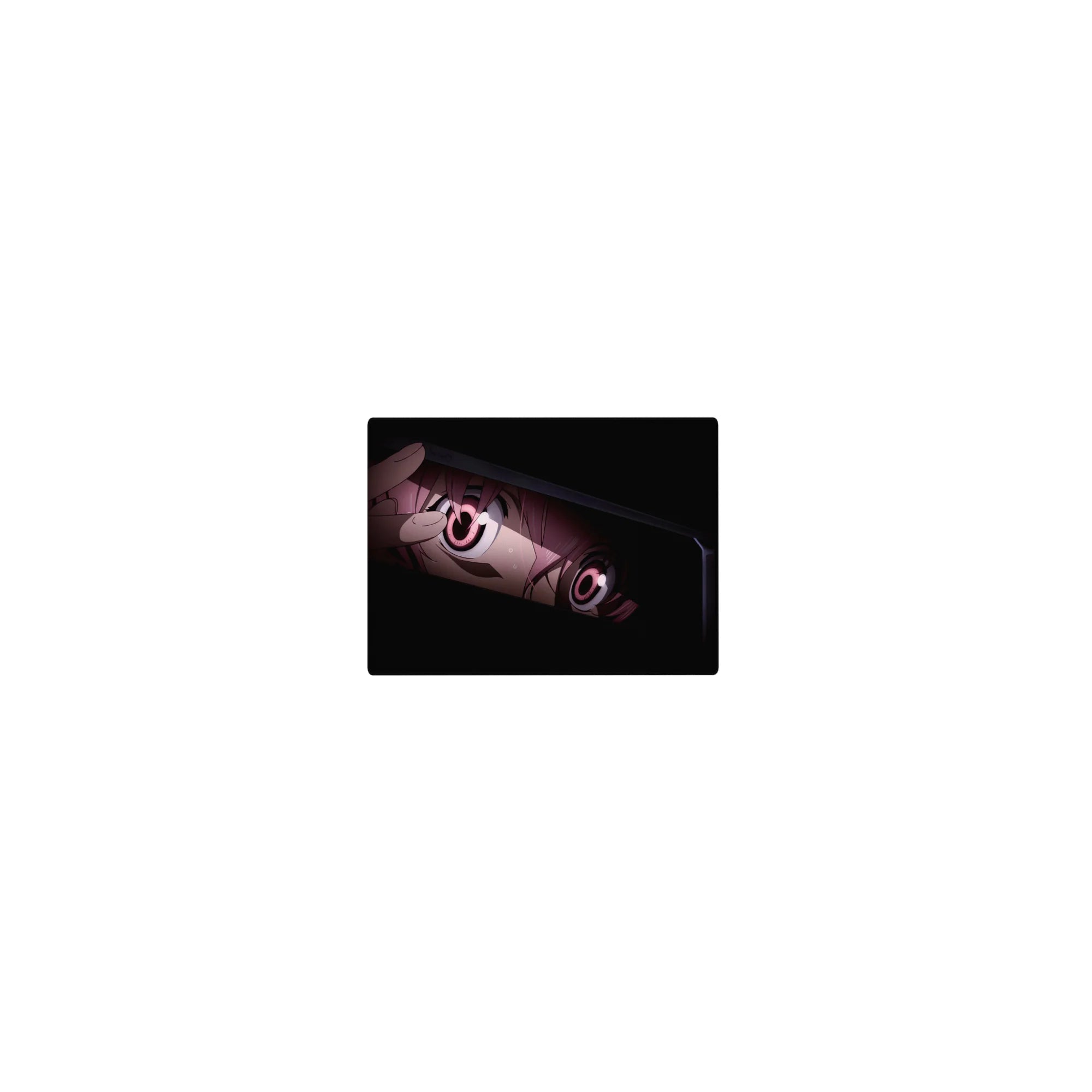 Classic anime girl mouse pad 14x10 inches with tight close-up, glossy pink eyes peeking from dark hair.