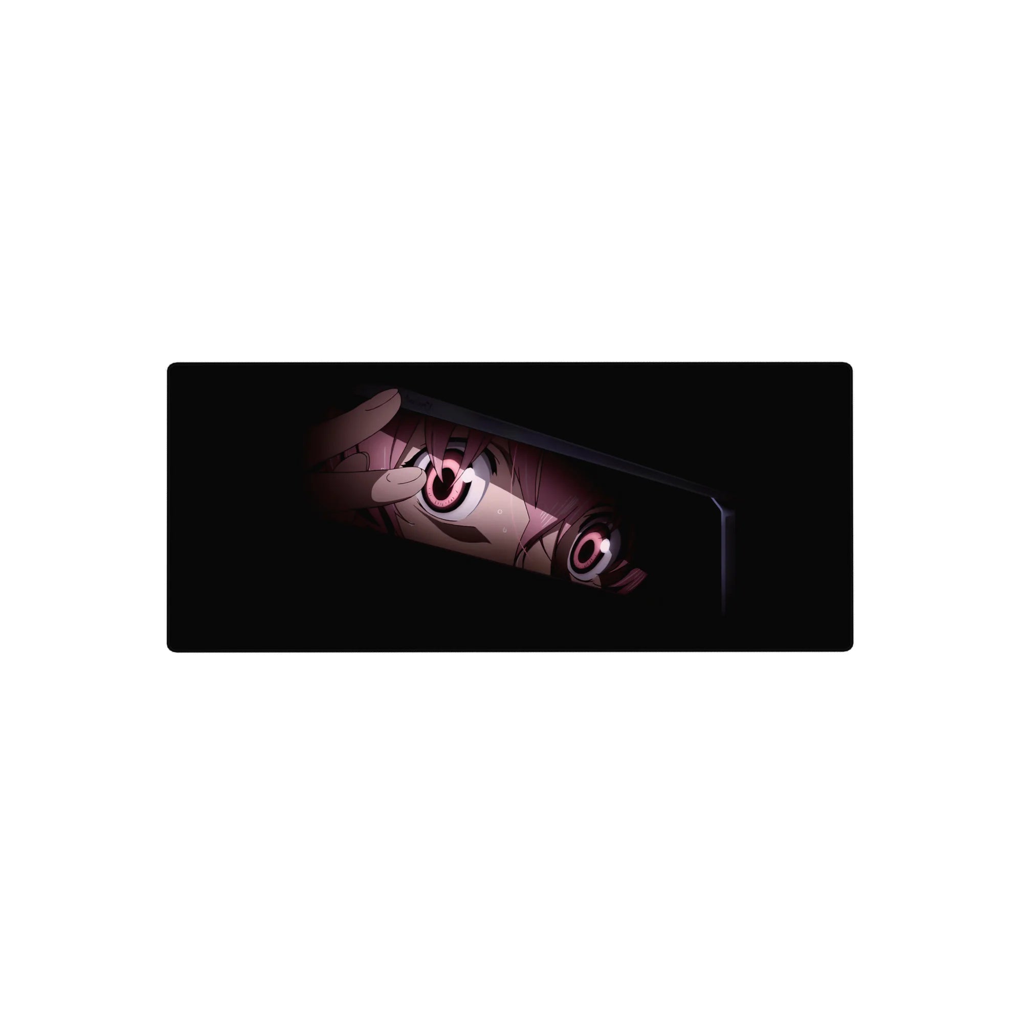 Anime girl mouse pad 28x12 inches with tight close-up framing, glossy pink eyes, and dark kawaii style.