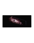Anime girl mouse pad 28x12 inches with tight close-up framing, glossy pink eyes, and dark kawaii style.