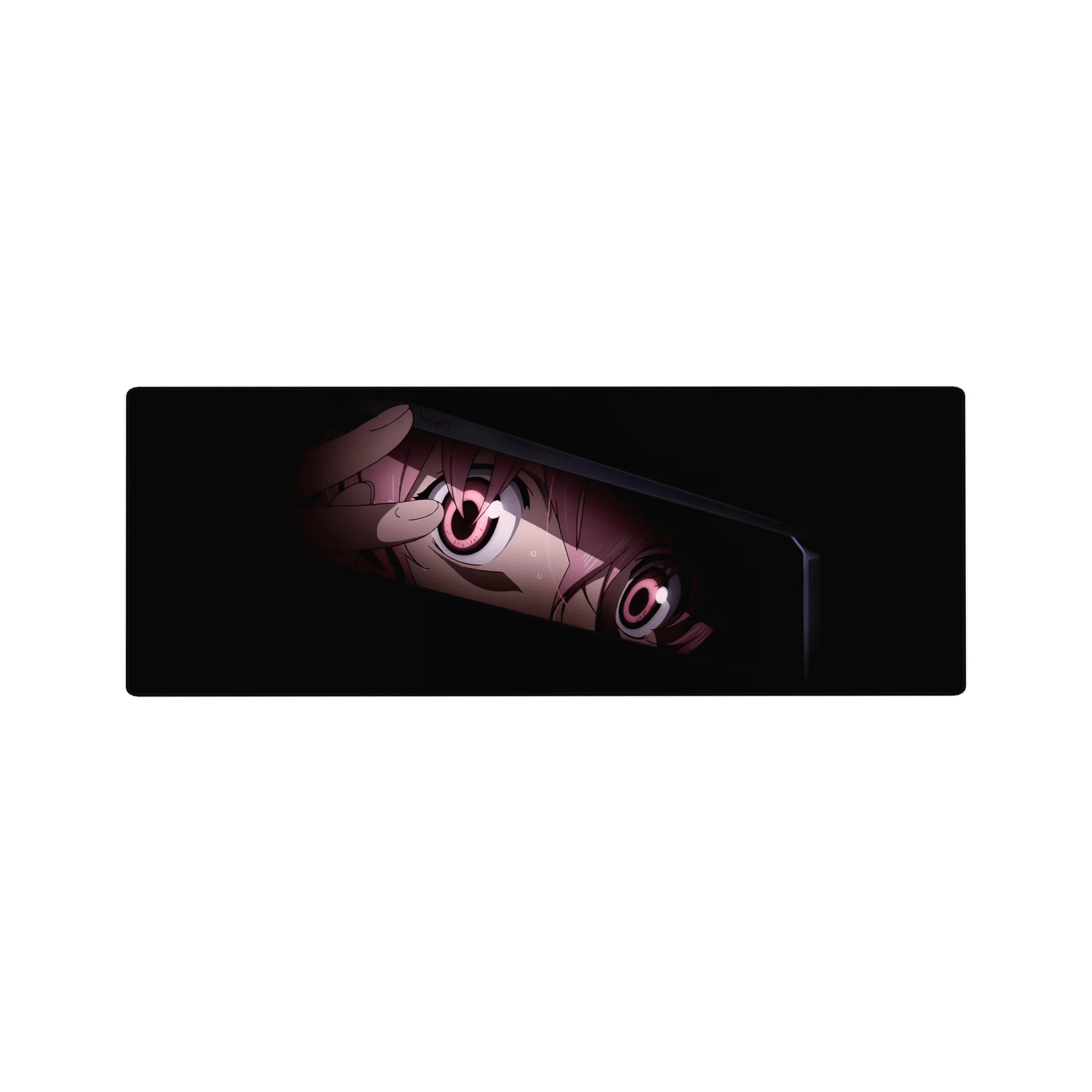 Anime girl mouse pad 32x12 inches with tight close-up framing and glossy pink eyes peeking from darkness.