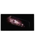 Anime girl mouse pad 32x16 inches with tight close-up framing, glossy pink eyes, and dark moody art.