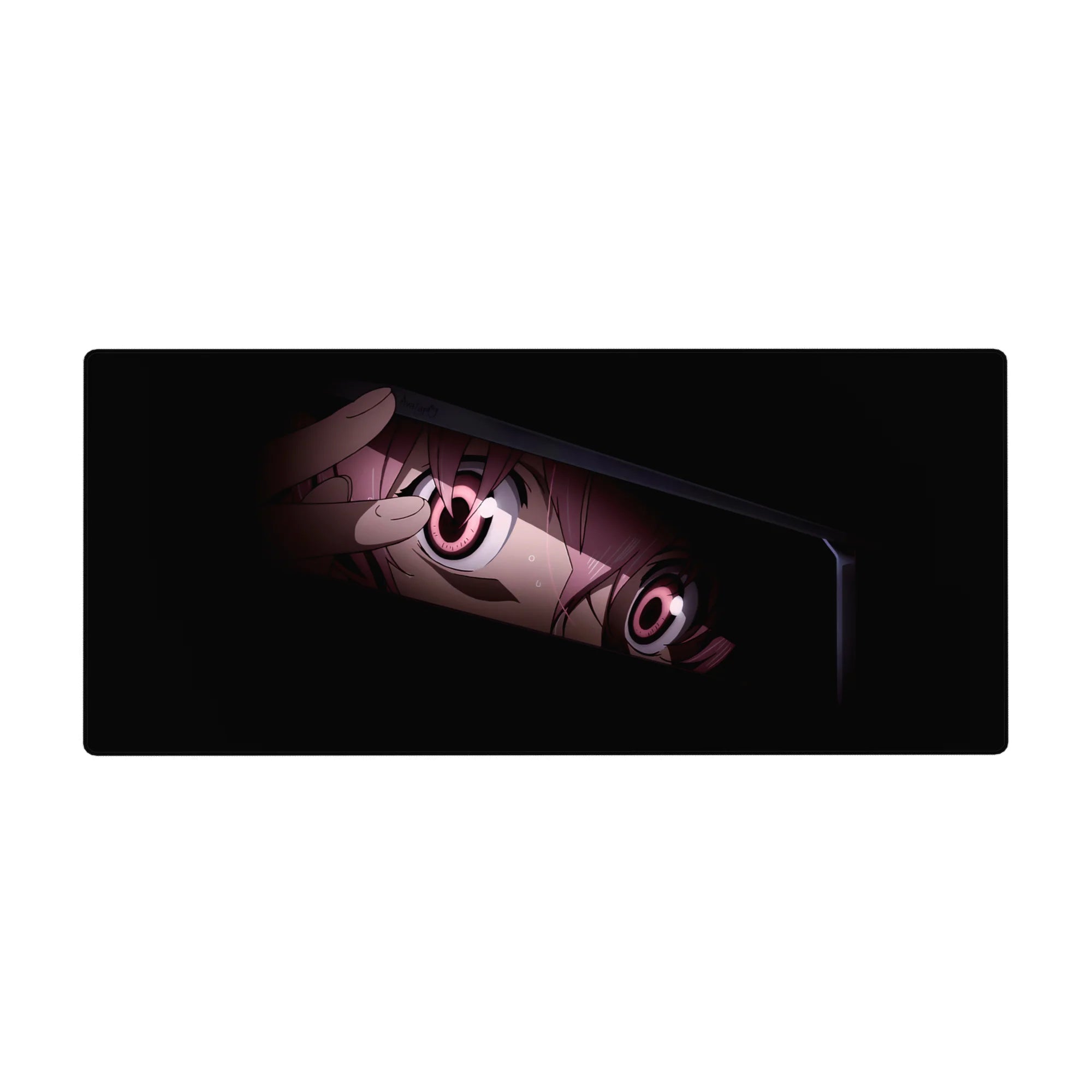 Anime girl desk pad 36x16 inches with tight close-up art, glossy pink eyes, and dark moody framing.