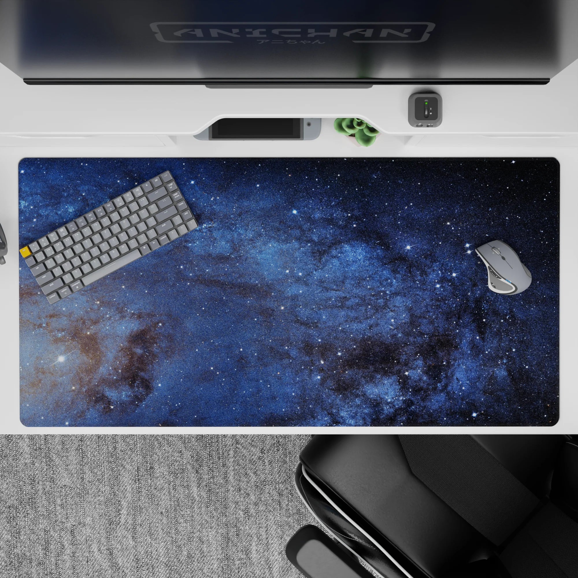 Dusty navy, calm late-night mood desk pad 40x20 inches with soft smoky blues and white flecks.