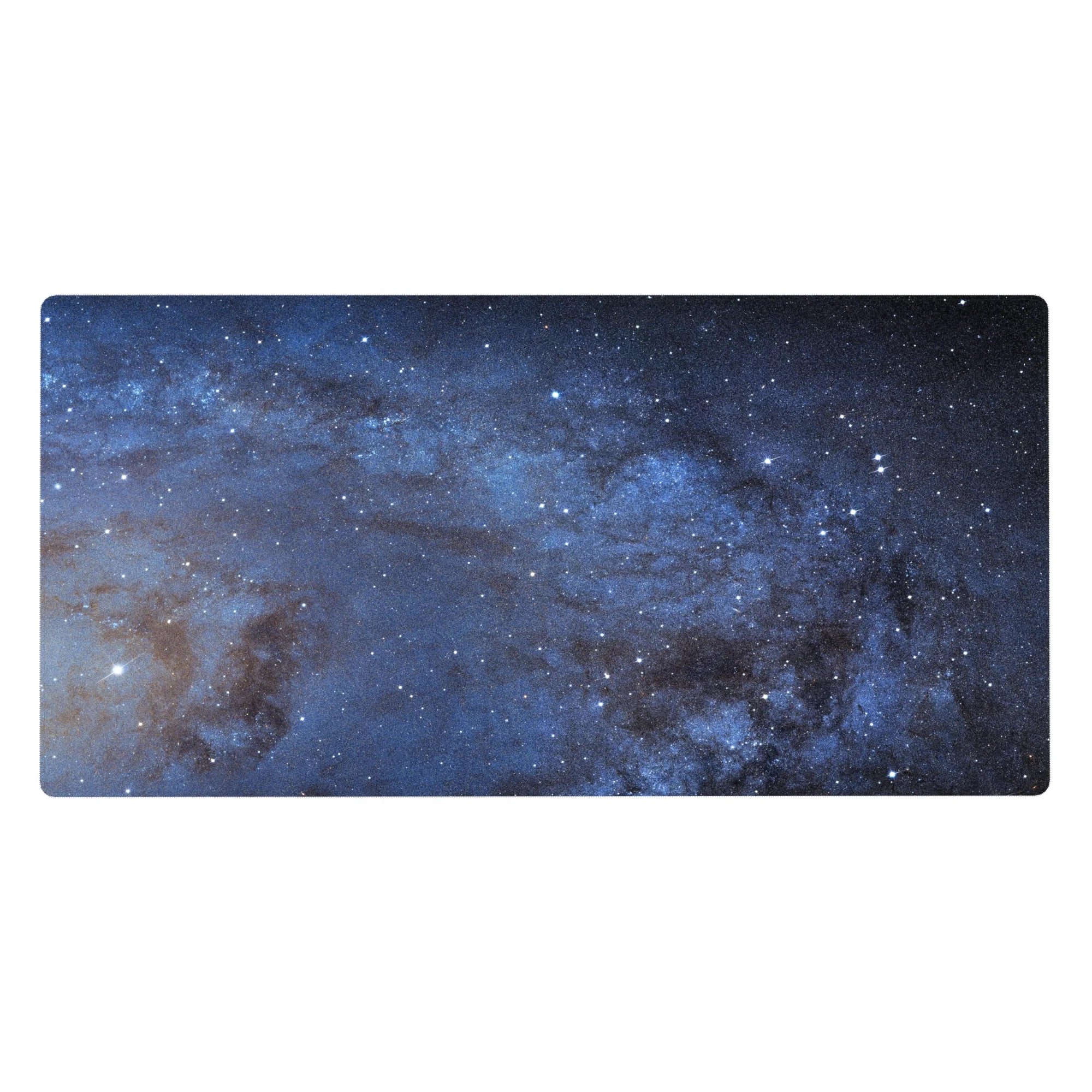 Midnight galaxy desk pad 40x20 inches with inky blue swirls and scattered star speckles.