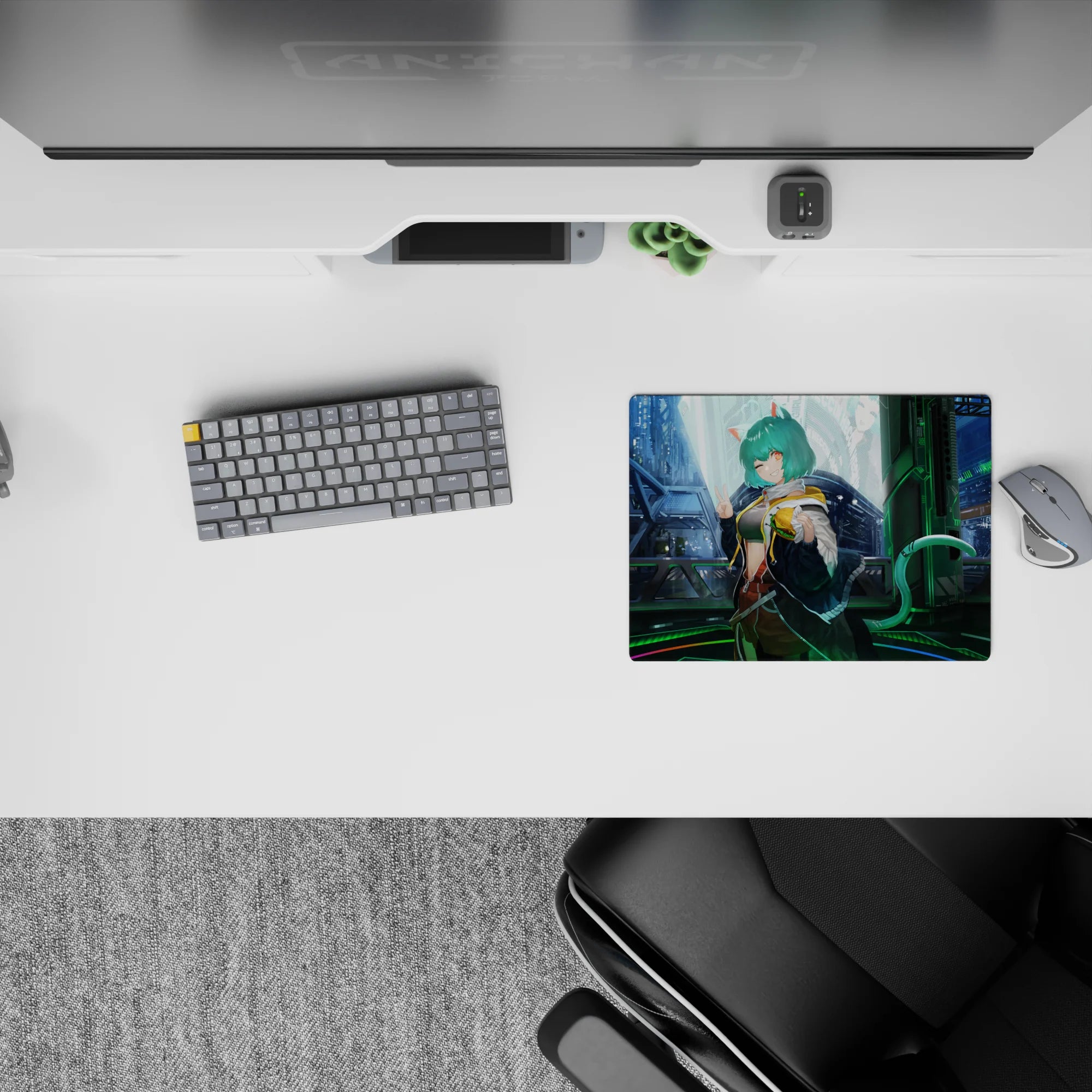 Mint green and electric blue anime mouse pad 14x10 inches with soft neon glow and cozy night vibe.