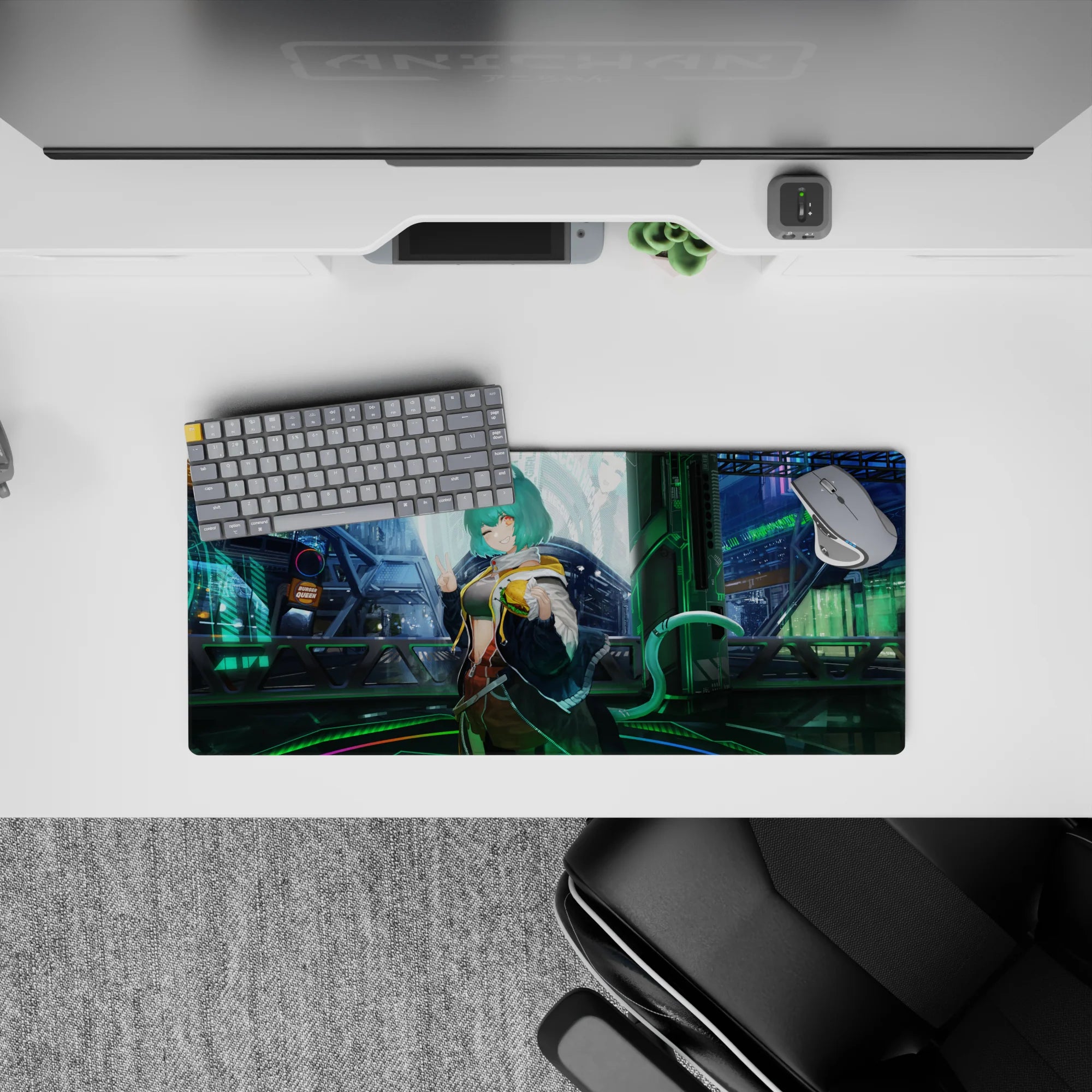 Mint green and electric blue neon glow anime desk mat mouse pad, cozy late-night vibes, 28x12 inches.