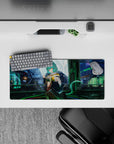 Mint green and electric blue neon glow anime desk mat mouse pad, cozy late-night vibes, 28x12 inches.
