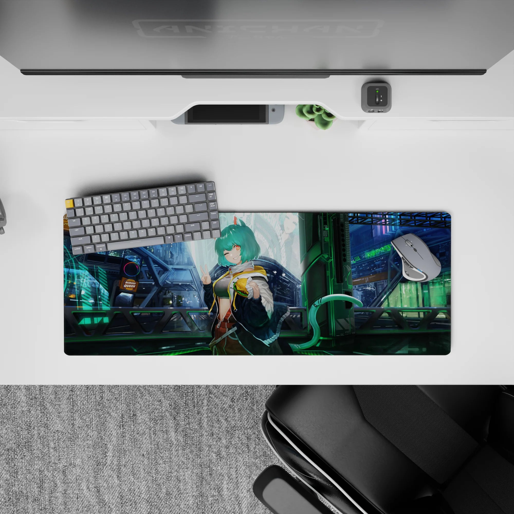 Mint green and electric blue neon anime desk mat 32x12 inches with cozy late-night city vibes and reflections.