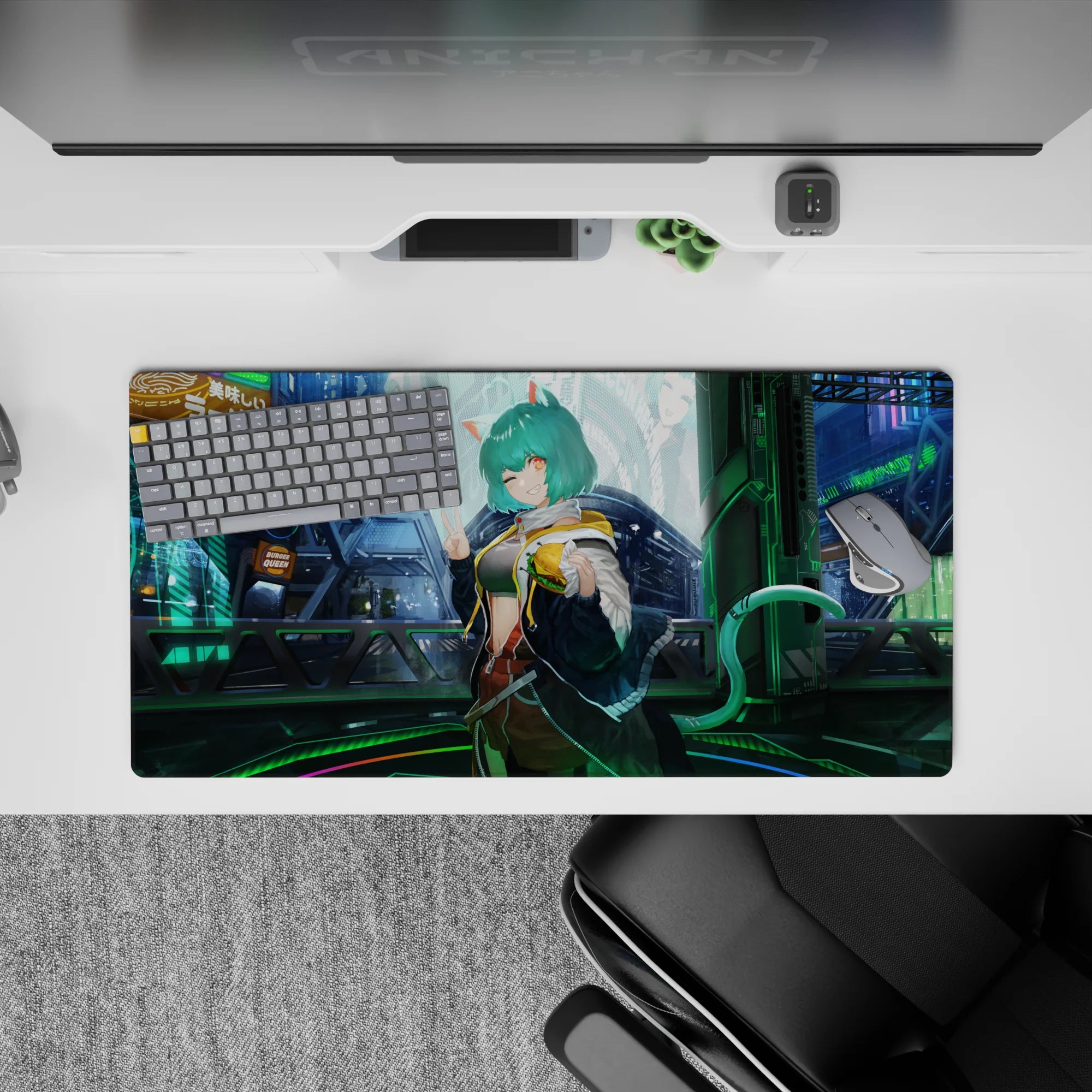 32x16 inches anime girl desk mat in mint green and electric blue, late-night Tokyo glow with reflections.